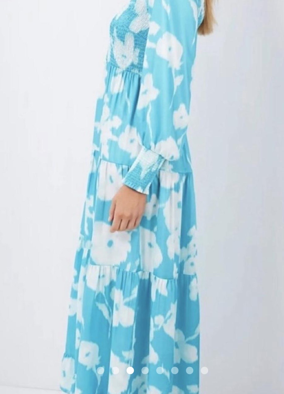 Tuckernuck Turquoise Blue Watercolor Floral Libby Tiered Ruffle Maxi Dress-Size XS