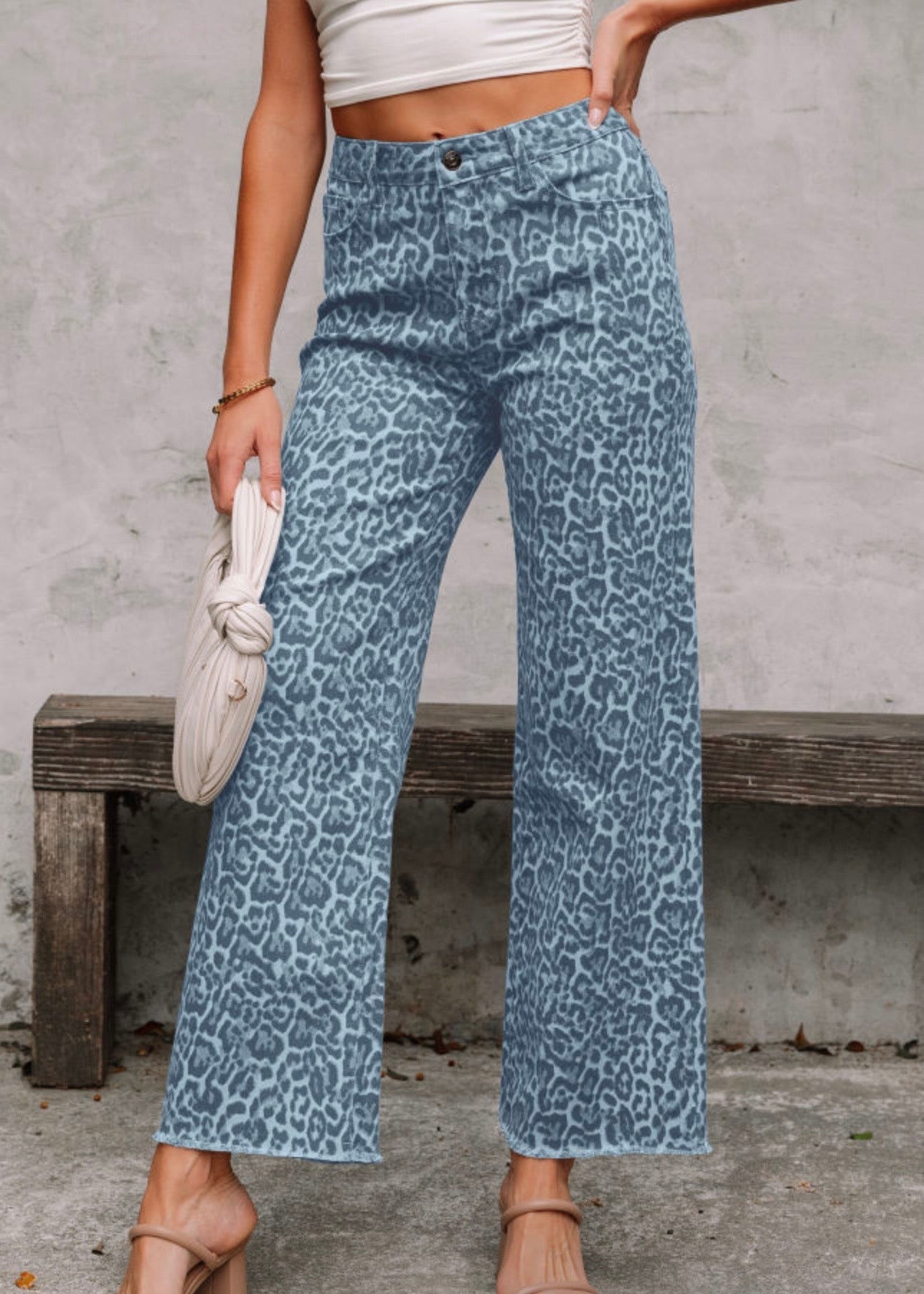 Blue Leopard Frayed Edge Wide Leg Jeans