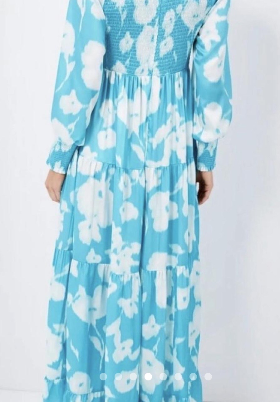 Tuckernuck Turquoise Blue Watercolor Floral Libby Tiered Ruffle Maxi Dress-Size XS