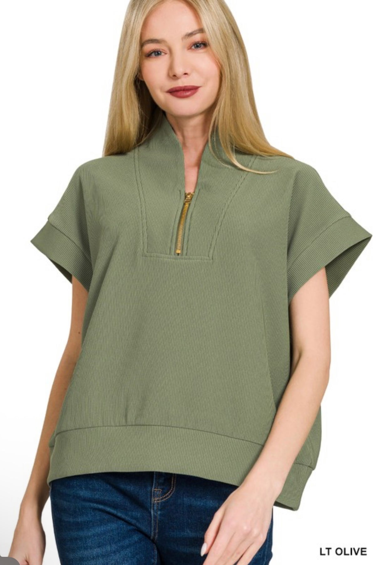 Ribbed High Neck Half Zip Top
