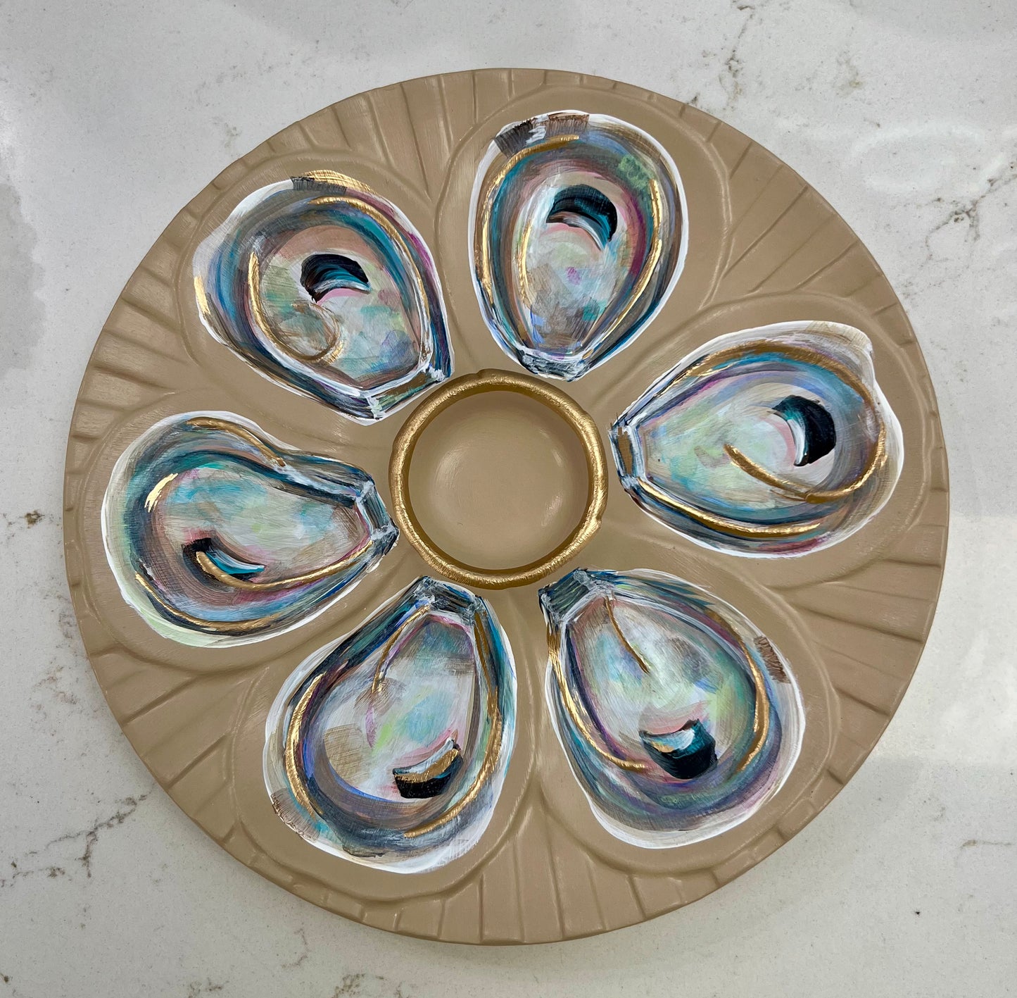 “Oyster Happy Hour” Hand-Painted Gilded Oyster Plate
