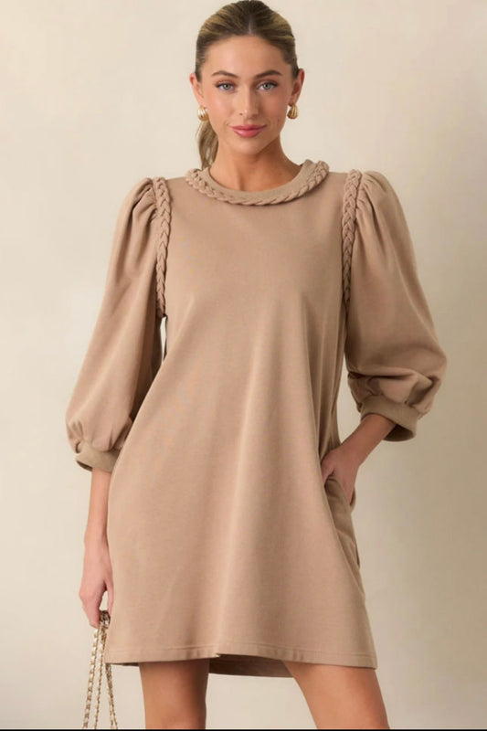 French Beige Braided Trim Dress