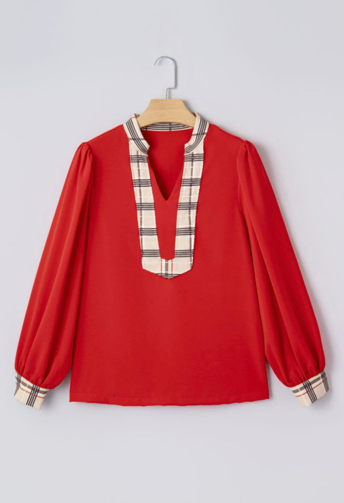 Red Long Sleeve Blouse with Plaid Trim