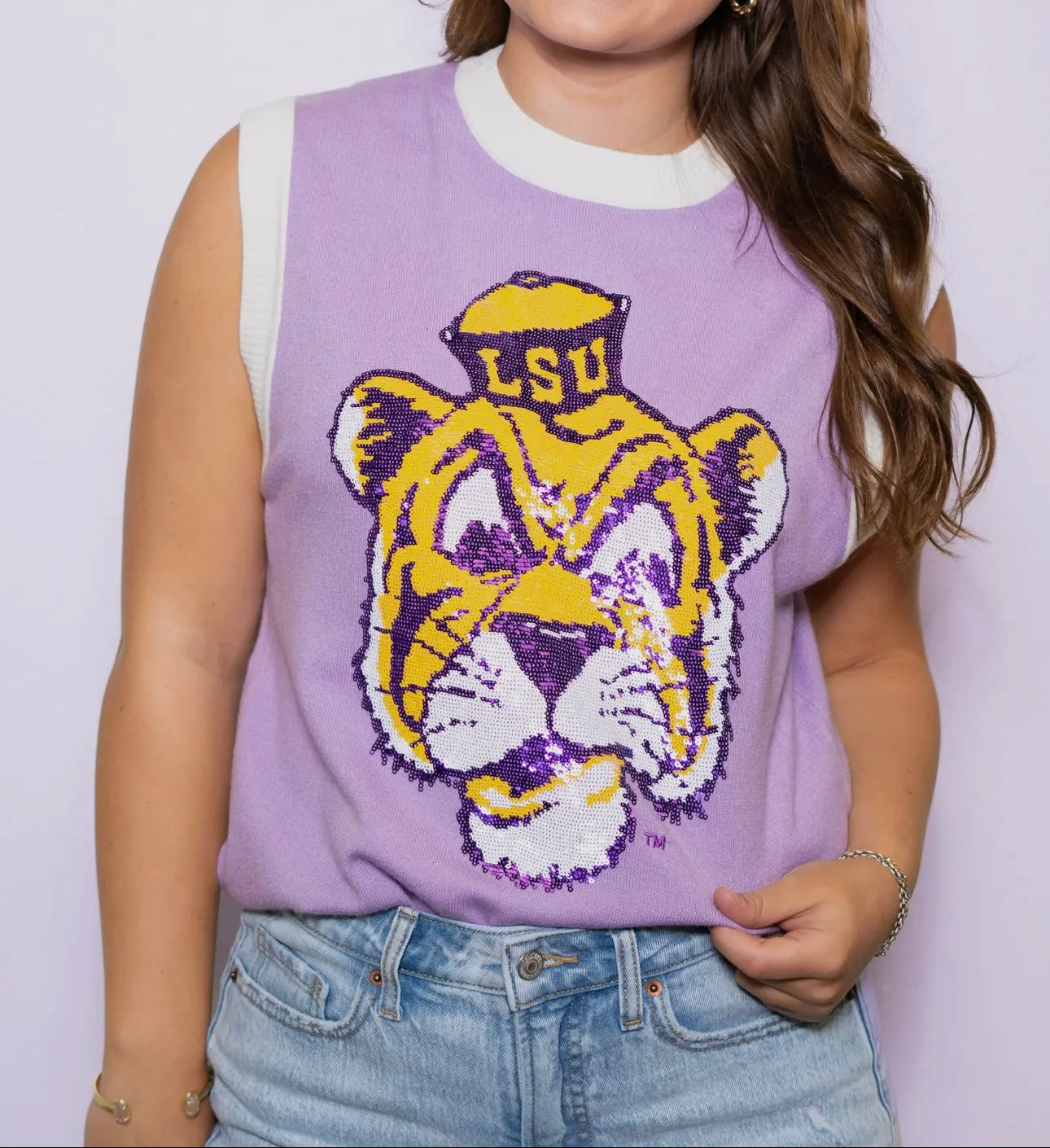 Lavender LSU Vintage Tiger Sleeveless Sweater (Licensed)