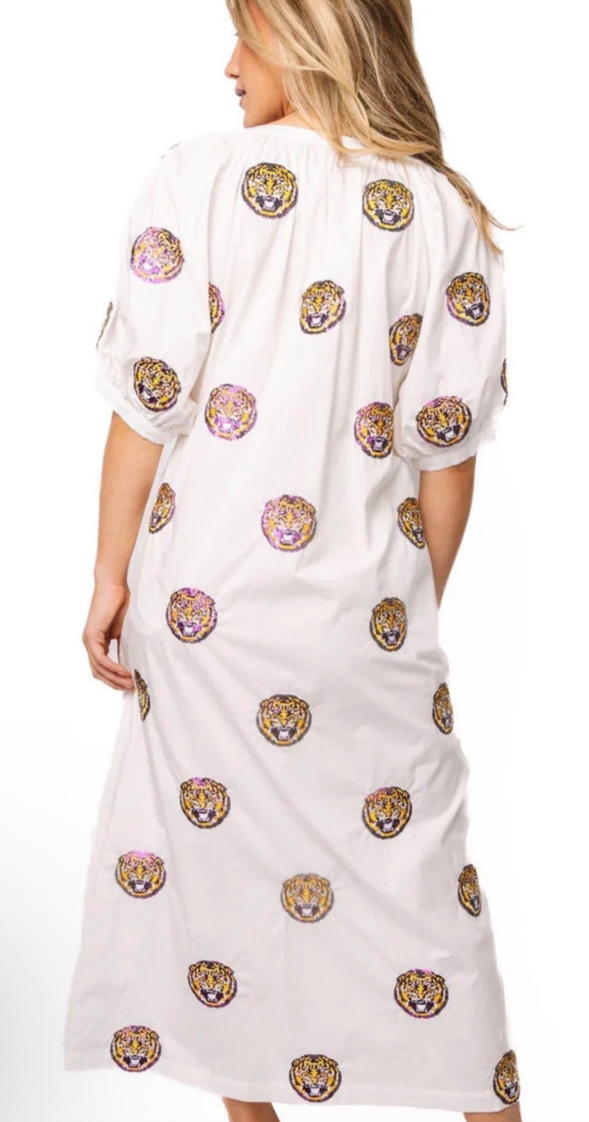 Queen of Sparkles Licensed LSU White Cotton Scattered Mascot Button Up Dress