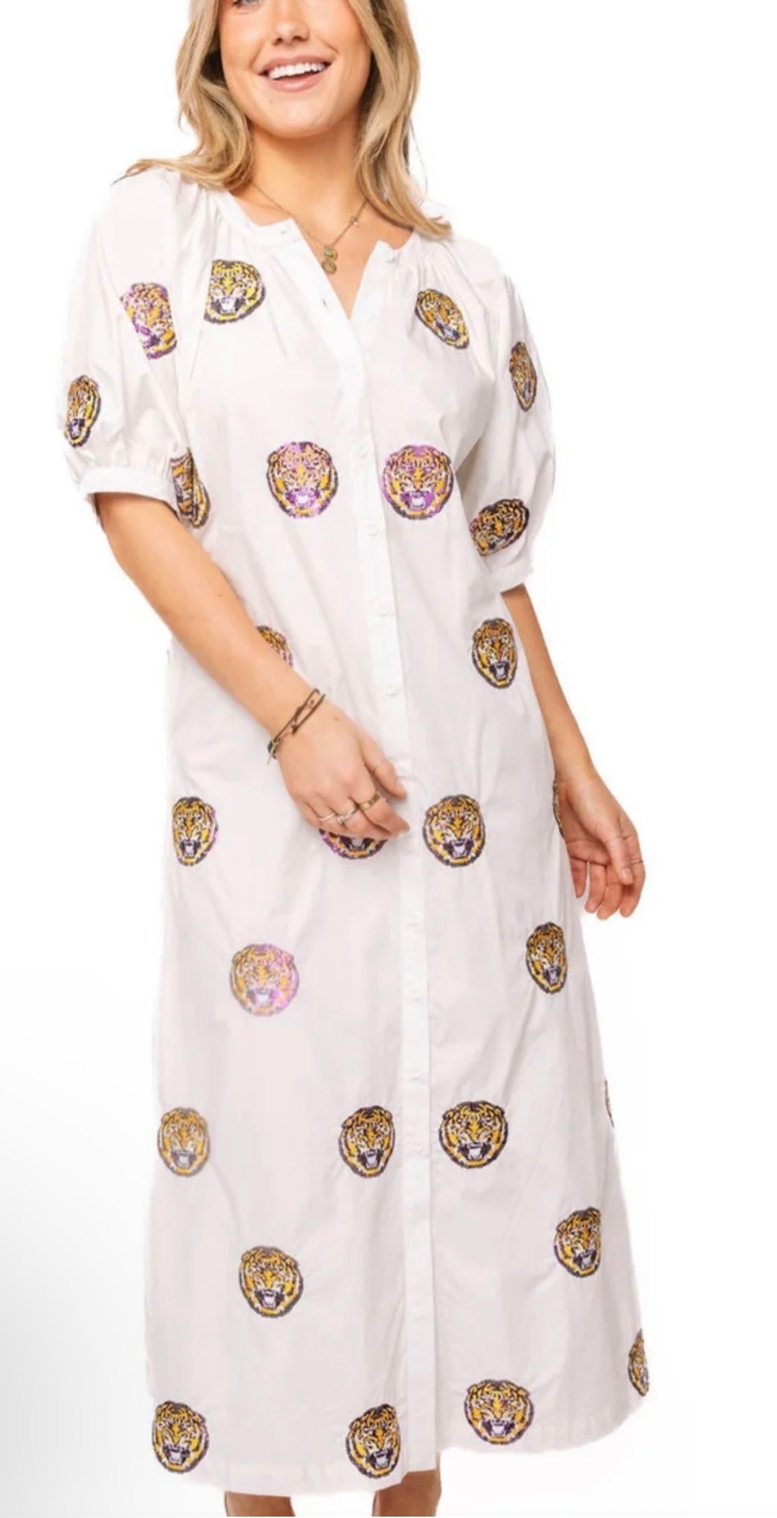 Queen of Sparkles Licensed LSU White Cotton Scattered Mascot Button Up Dress