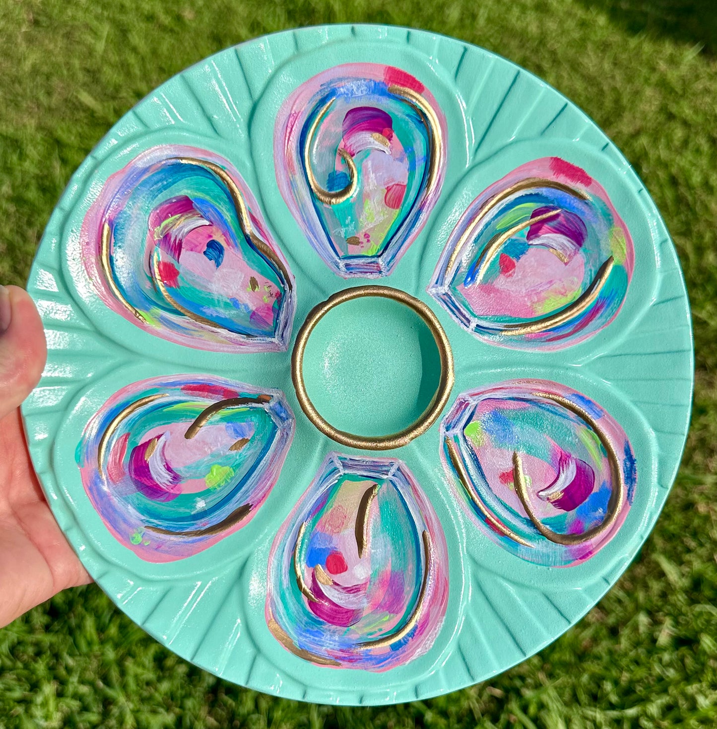 “Seaside Half Dozen” Hand-Painted Gilded Oyster Plate