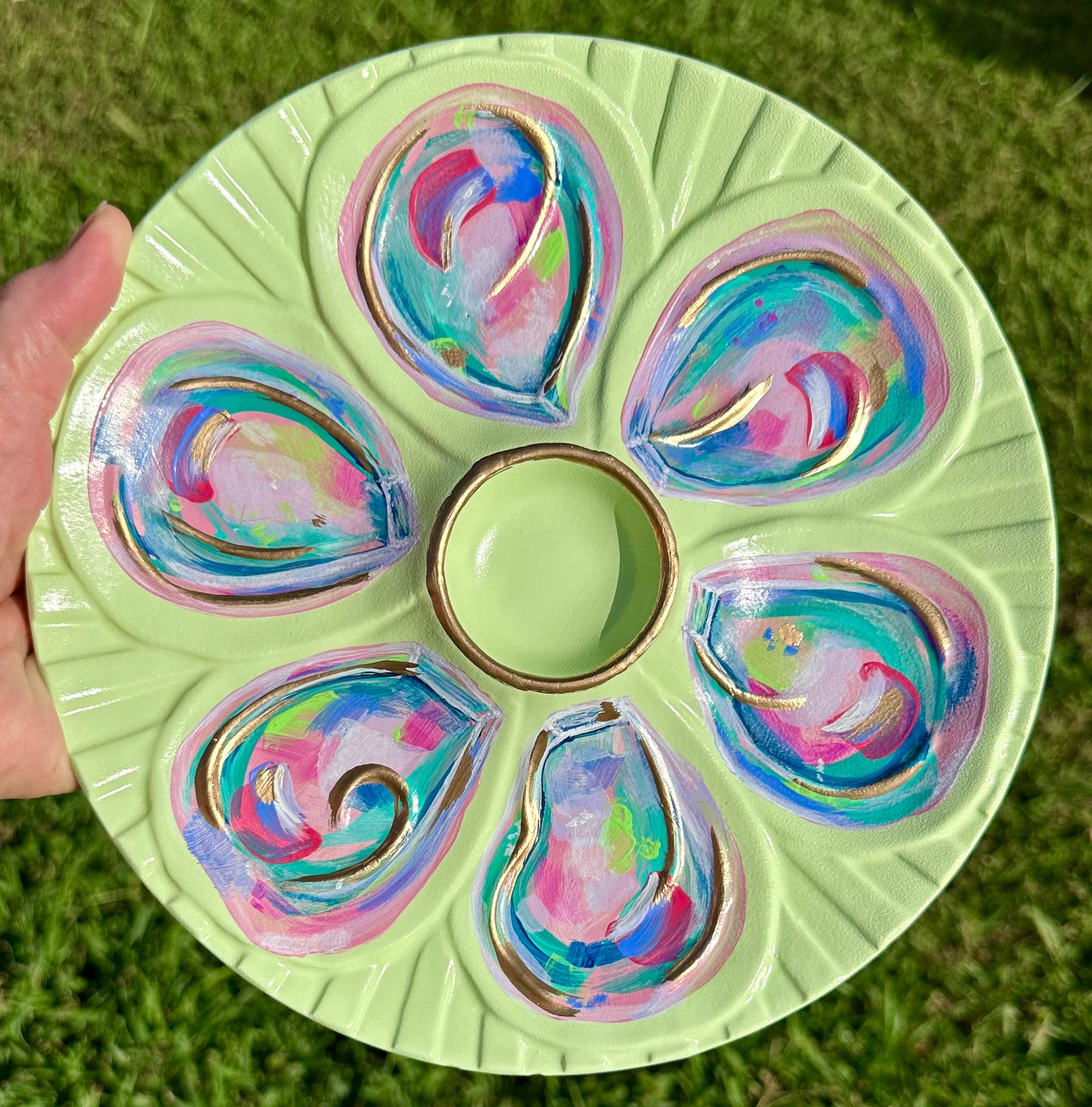 “Colorful Coastal Course” Hand-Painted Gilded Oyster Plate