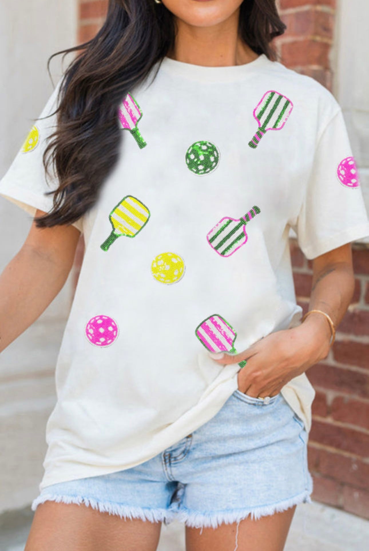 Sequined Pickleball White Tee