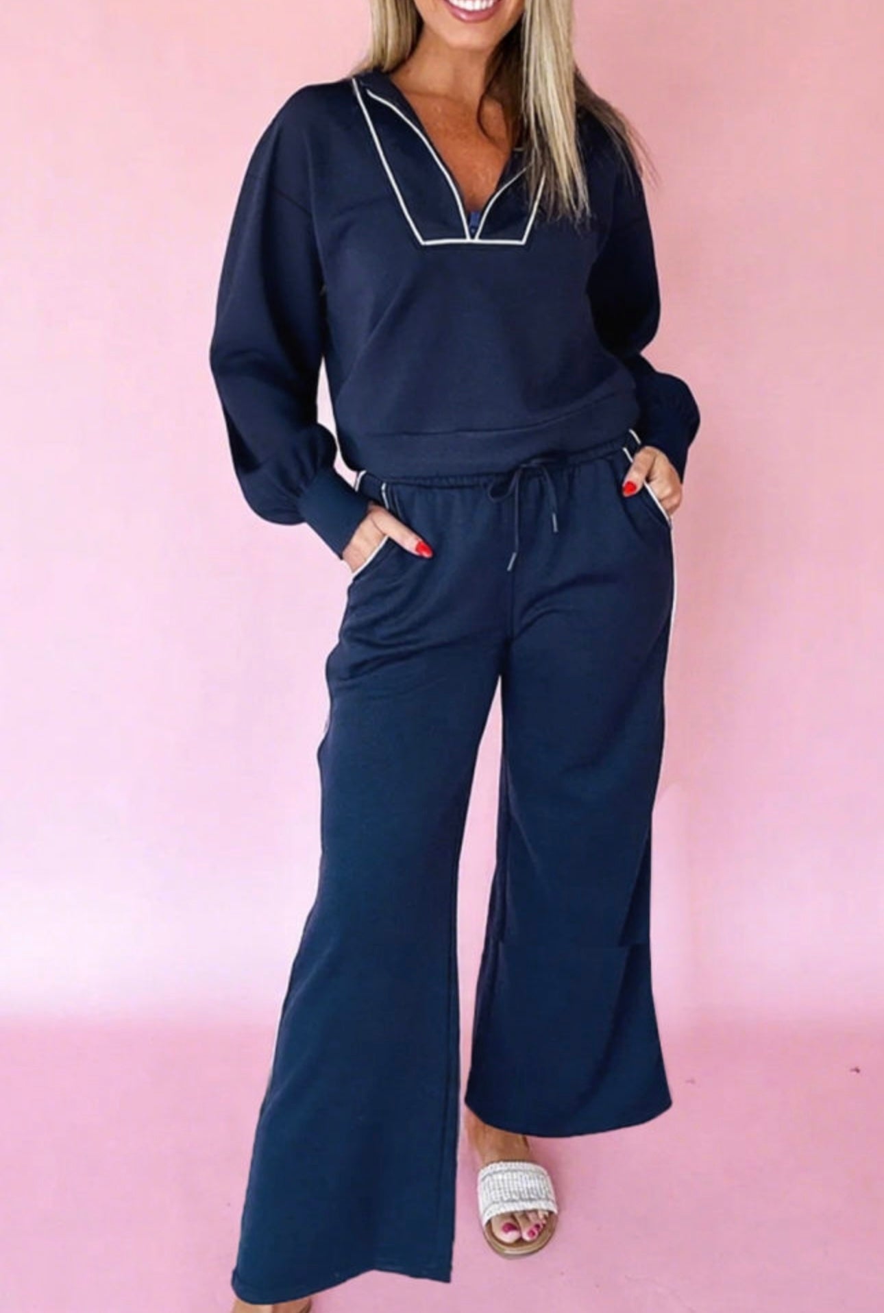 Navy Pullover Cropped Pants Set