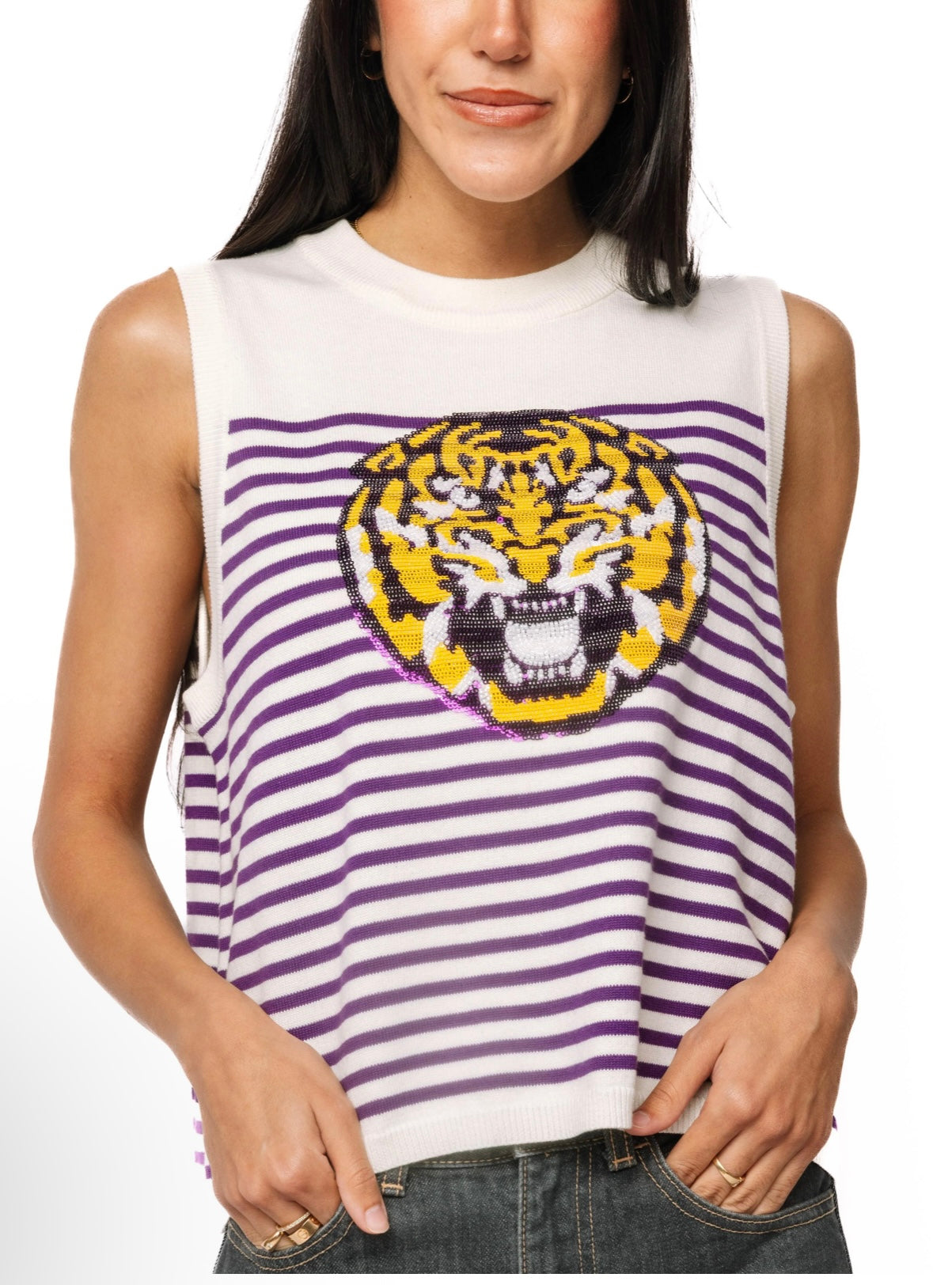Queen of Sparkles Licensed LSU Mascot Striped Knit Tank