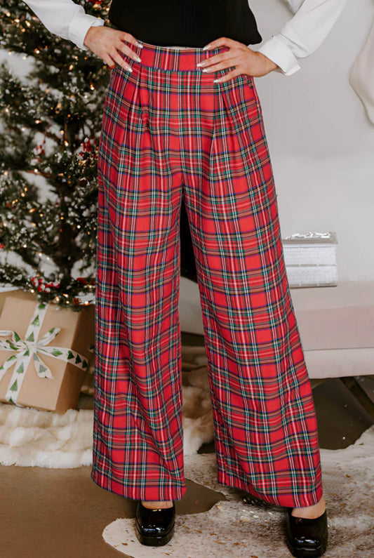Red Plaid Wide Leg Pull On Pants