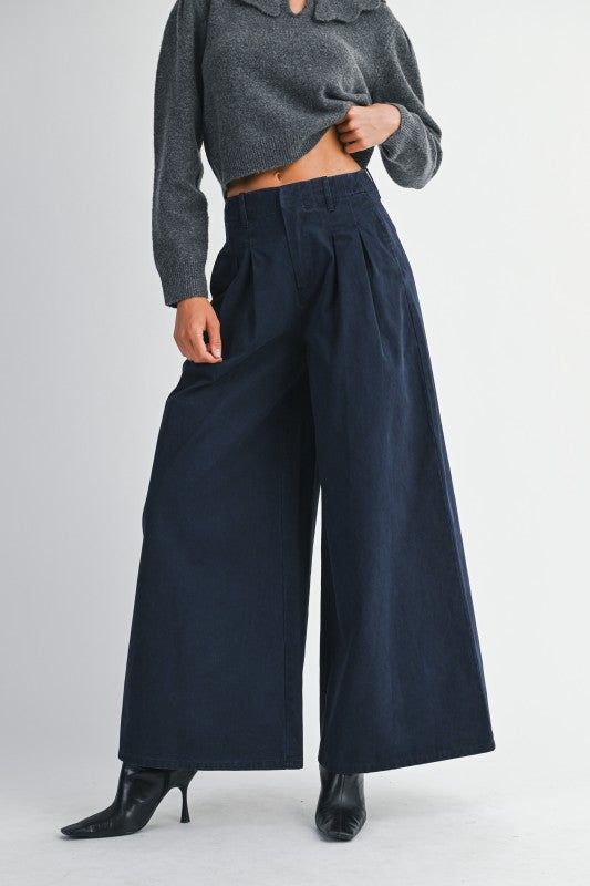 Pleated Navy Wide Leg Pants