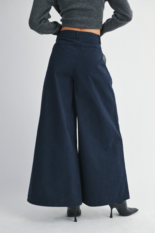 Pleated Navy Wide Leg Pants
