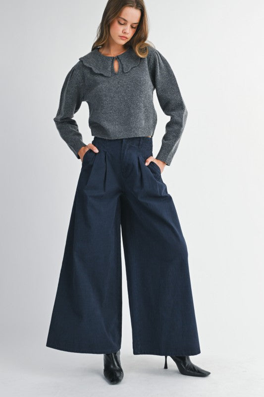 Pleated Navy Wide Leg Pants