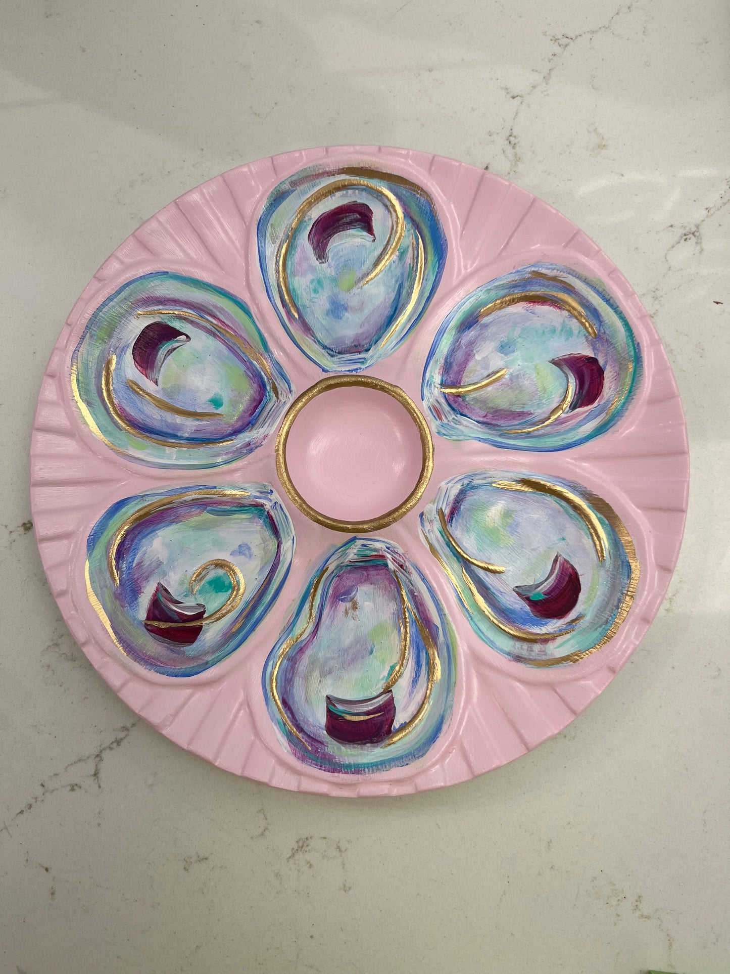 “High Tide Hors d’oeuvres” Hand-Painted Gilded Oyster Plate