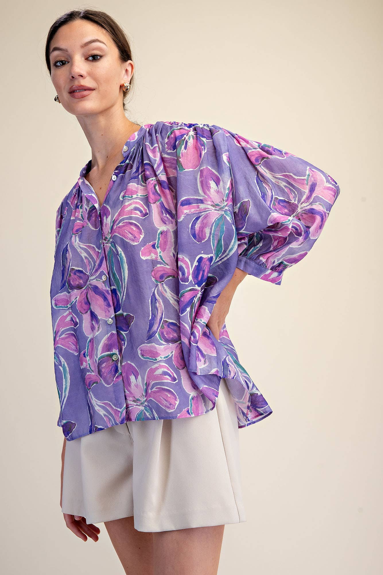 Purple Floral Button Down, Voluminous 3/4 Sleeve