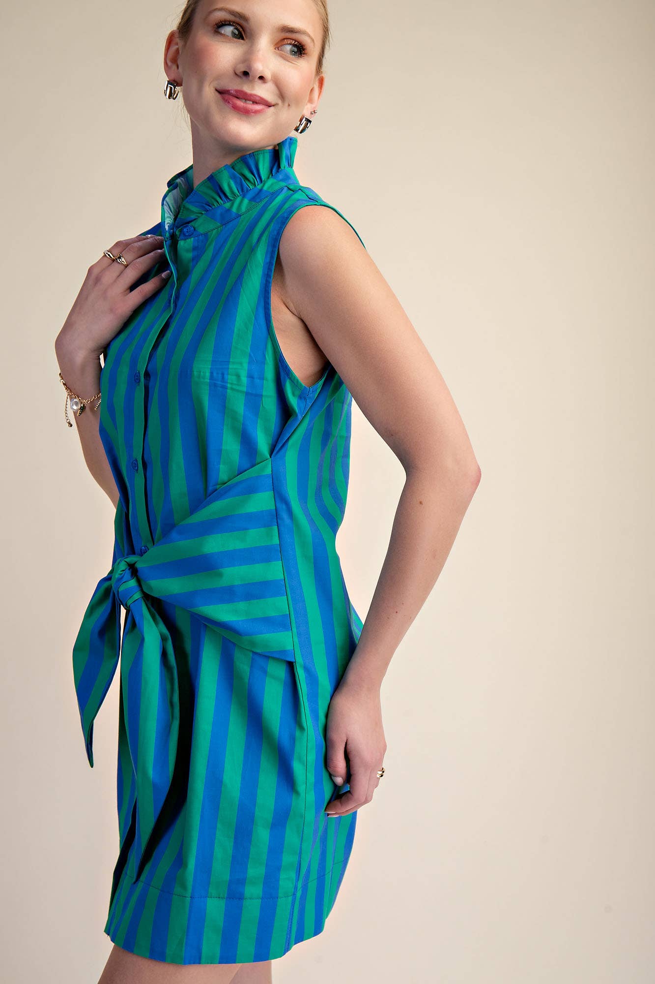 Blue Green Stripe Ruffle Neck Tie Waist Dress