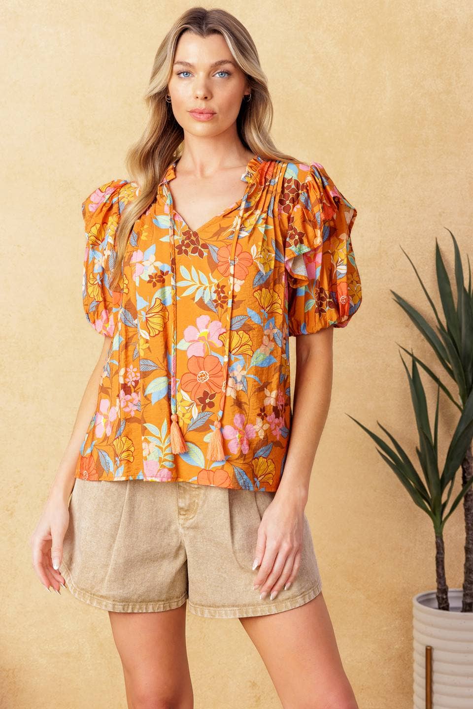 Orange Floral V Neck Top
