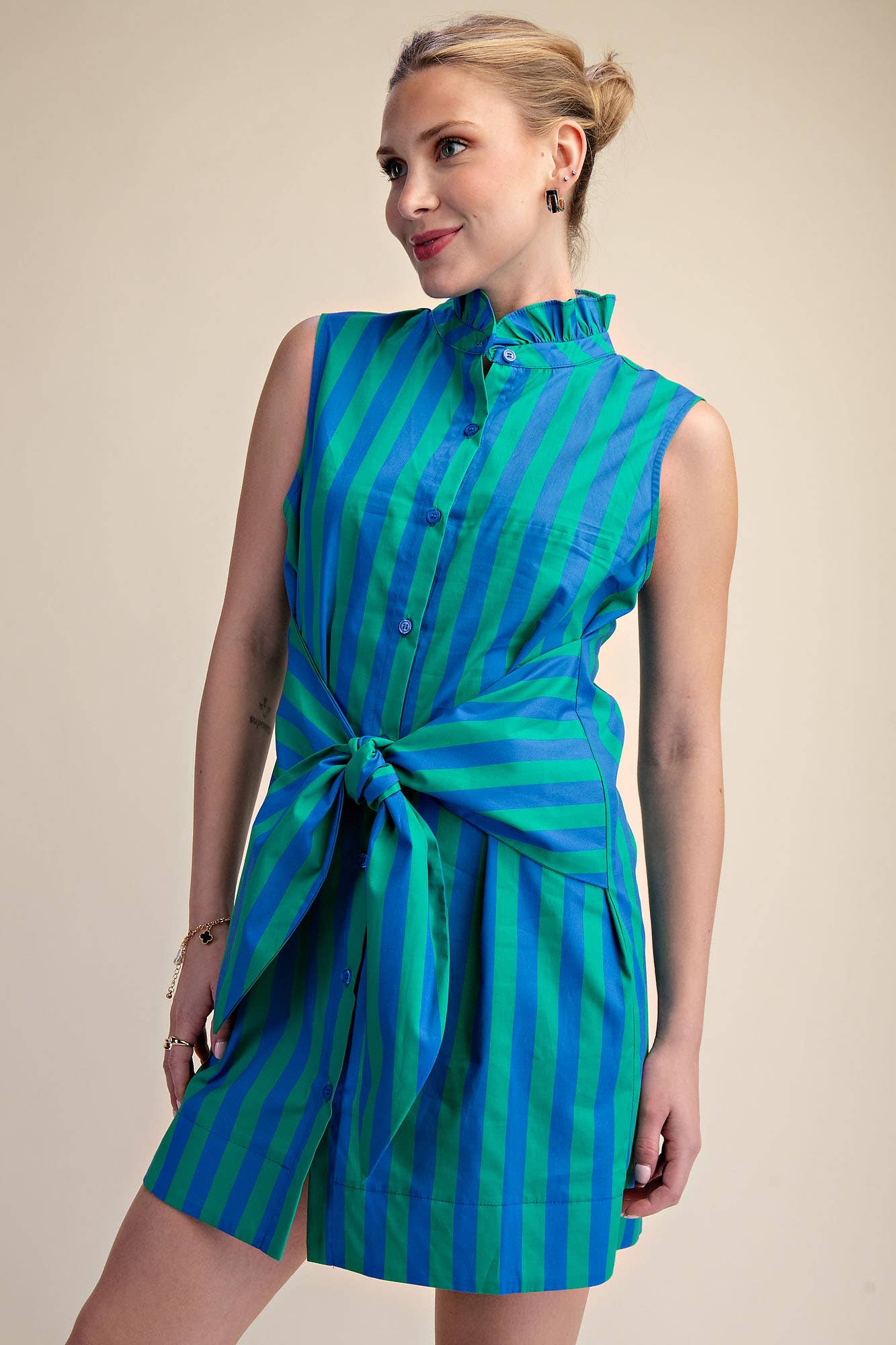 Blue Green Stripe Ruffle Neck Tie Waist Dress