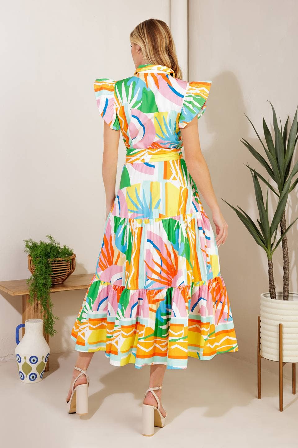 Tropical Flutter Sleeve Midi Dress