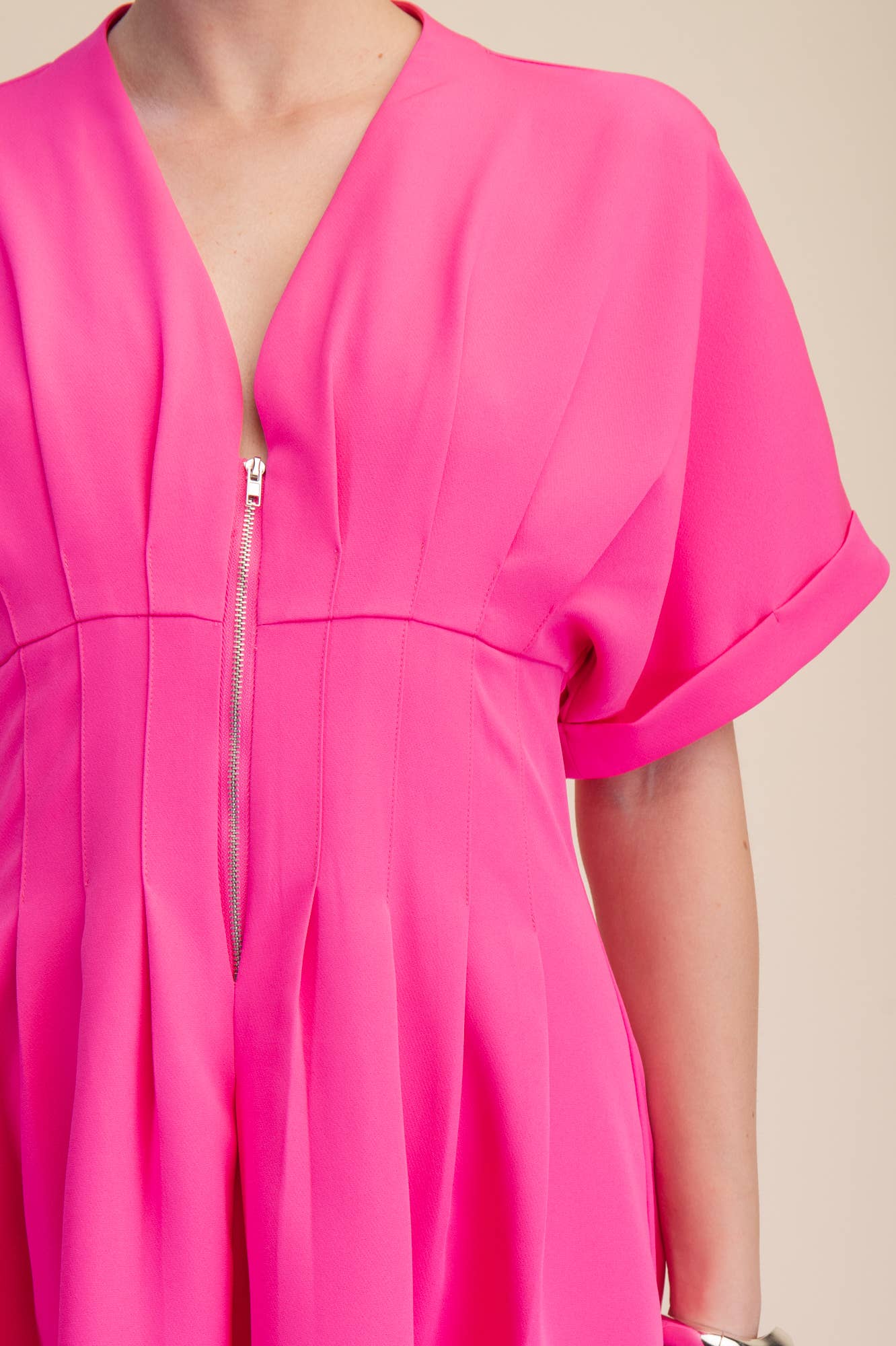 Front Zip Pleated Flare Stretch Shirt Dress