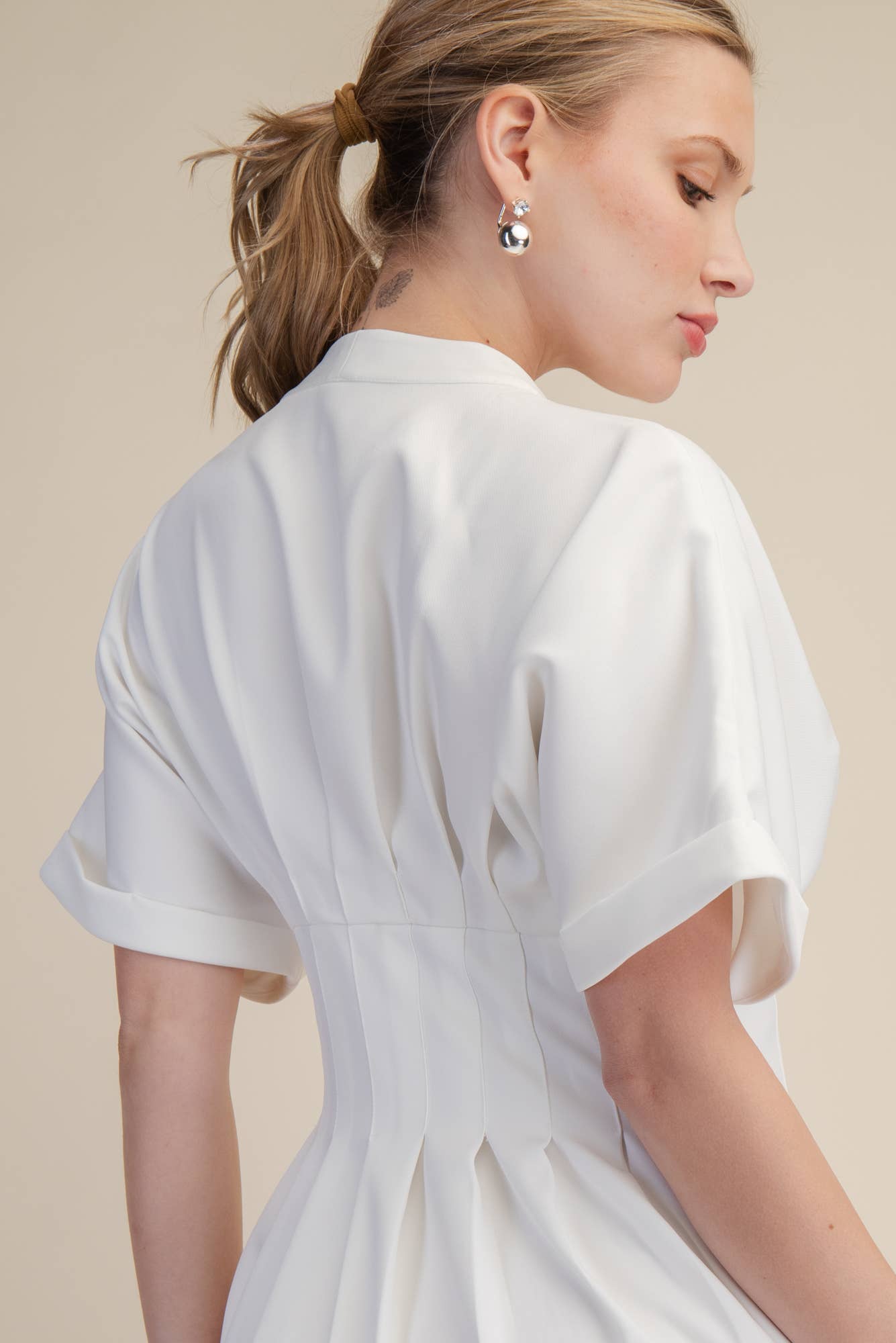 Front Zip Pleated Flare Stretch Shirt Dress