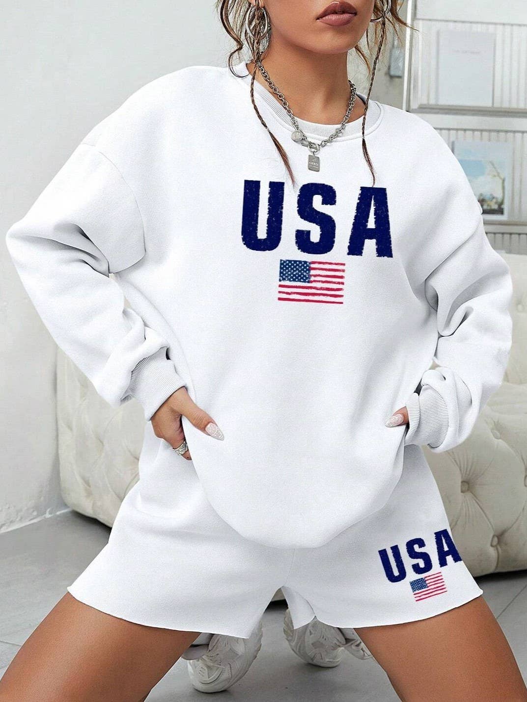 White USA Flag Crewneck Sweatshirt & Shorts Set