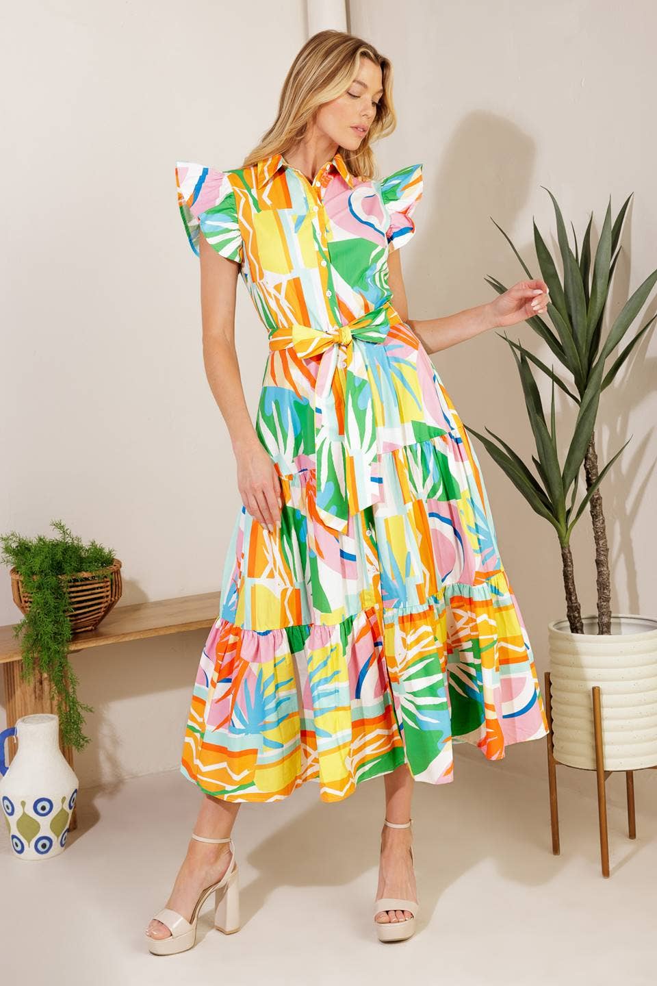 Tropical Flutter Sleeve Midi Dress