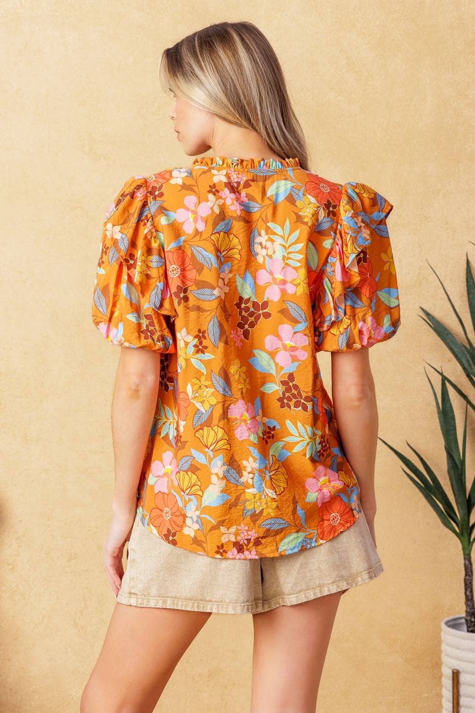 Orange Floral V Neck Top