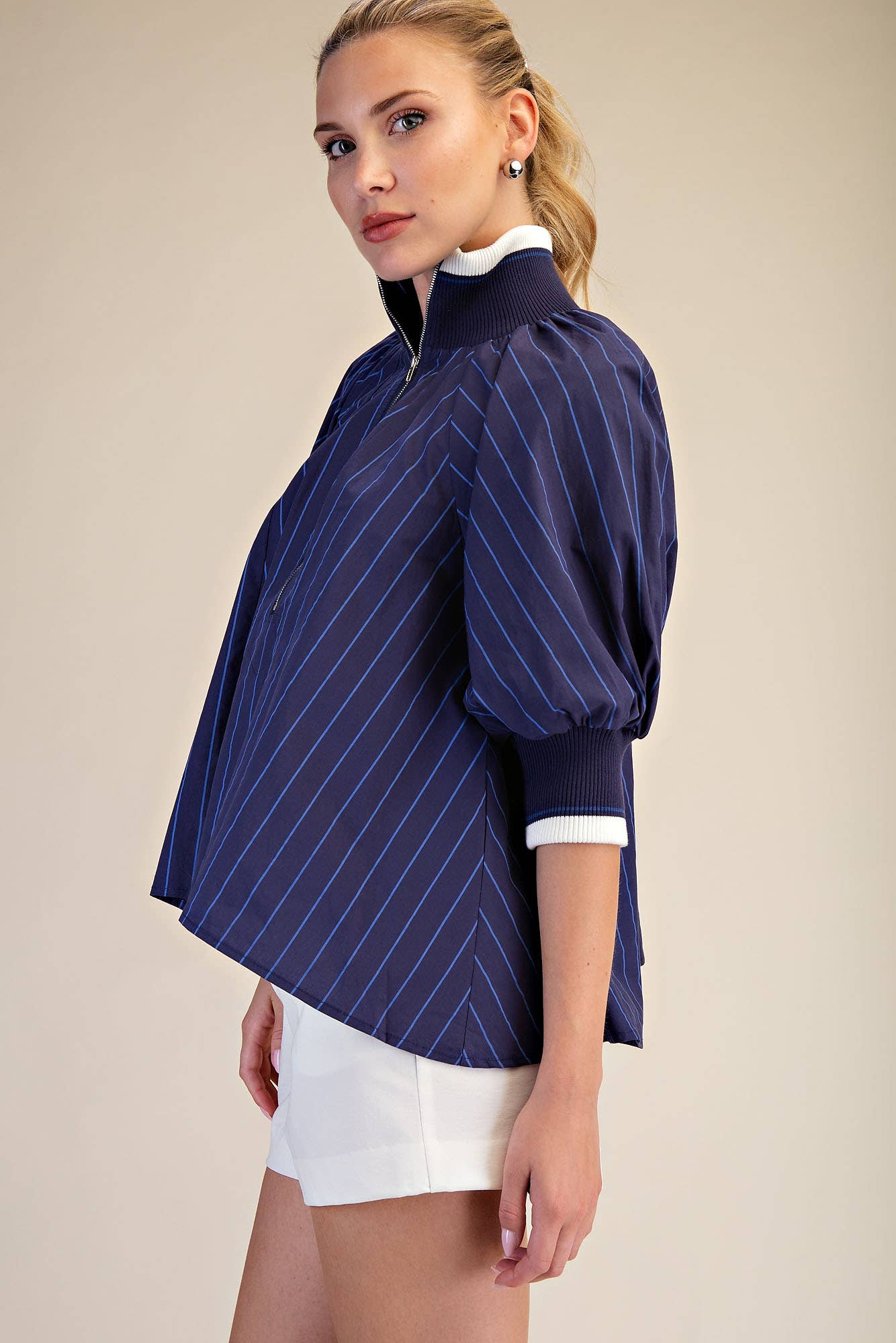 Navy Mock Neck Band Puff Sleeve Blouse