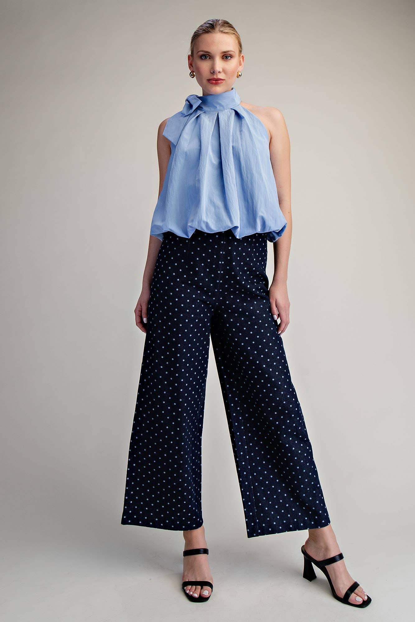 Blue High Neck Tie Wrap Balloon Sleeveless Top