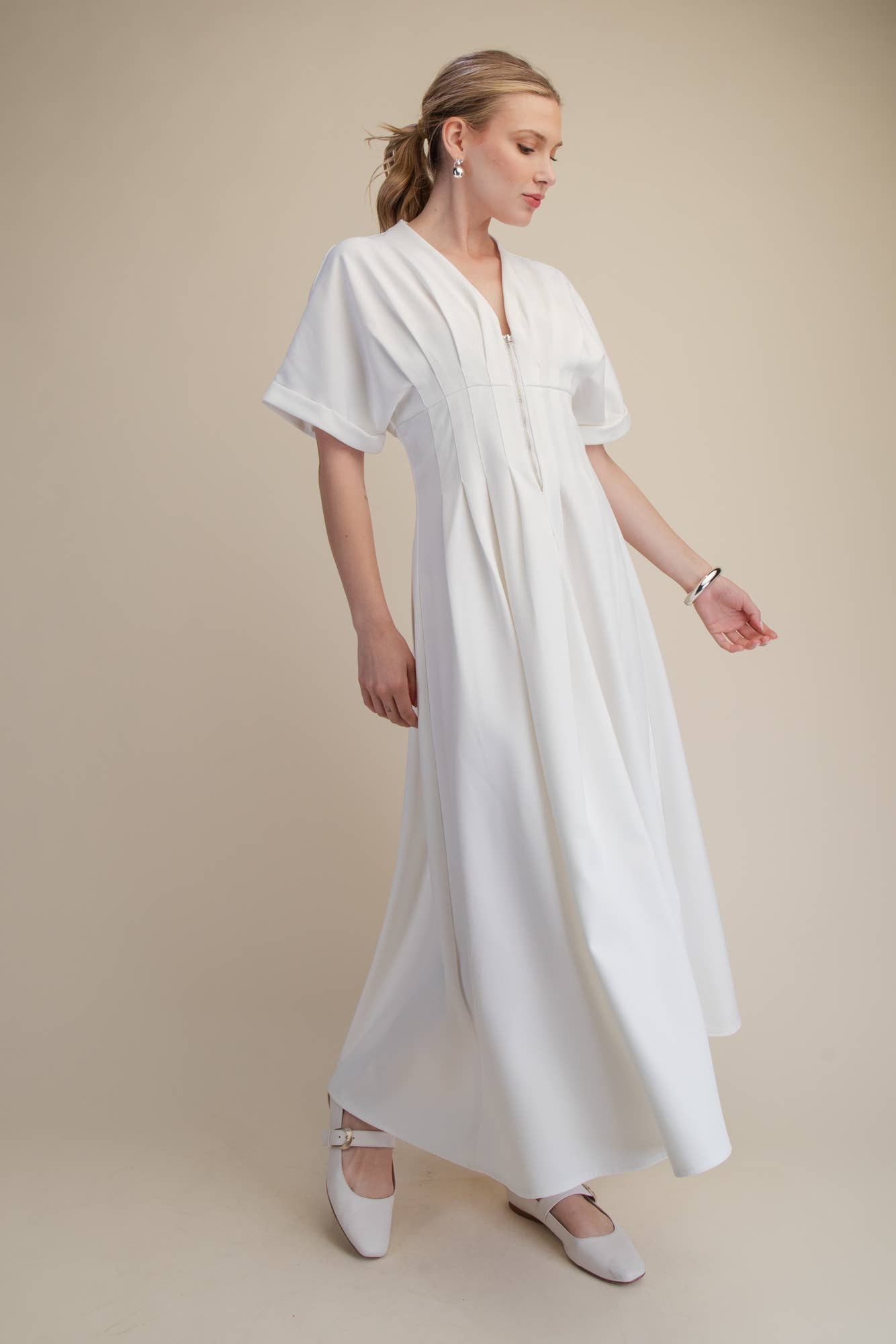 Front Zip Pleated Flare Stretch Shirt Dress