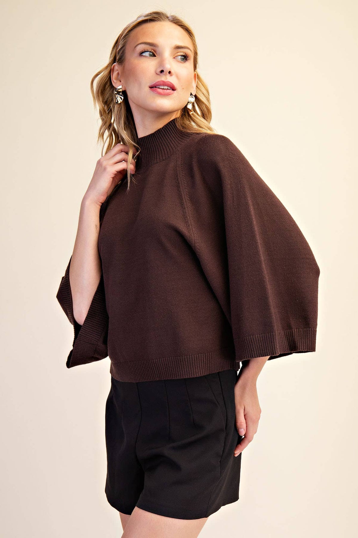 Brown Mock Neck Wide Sleeve Sweater