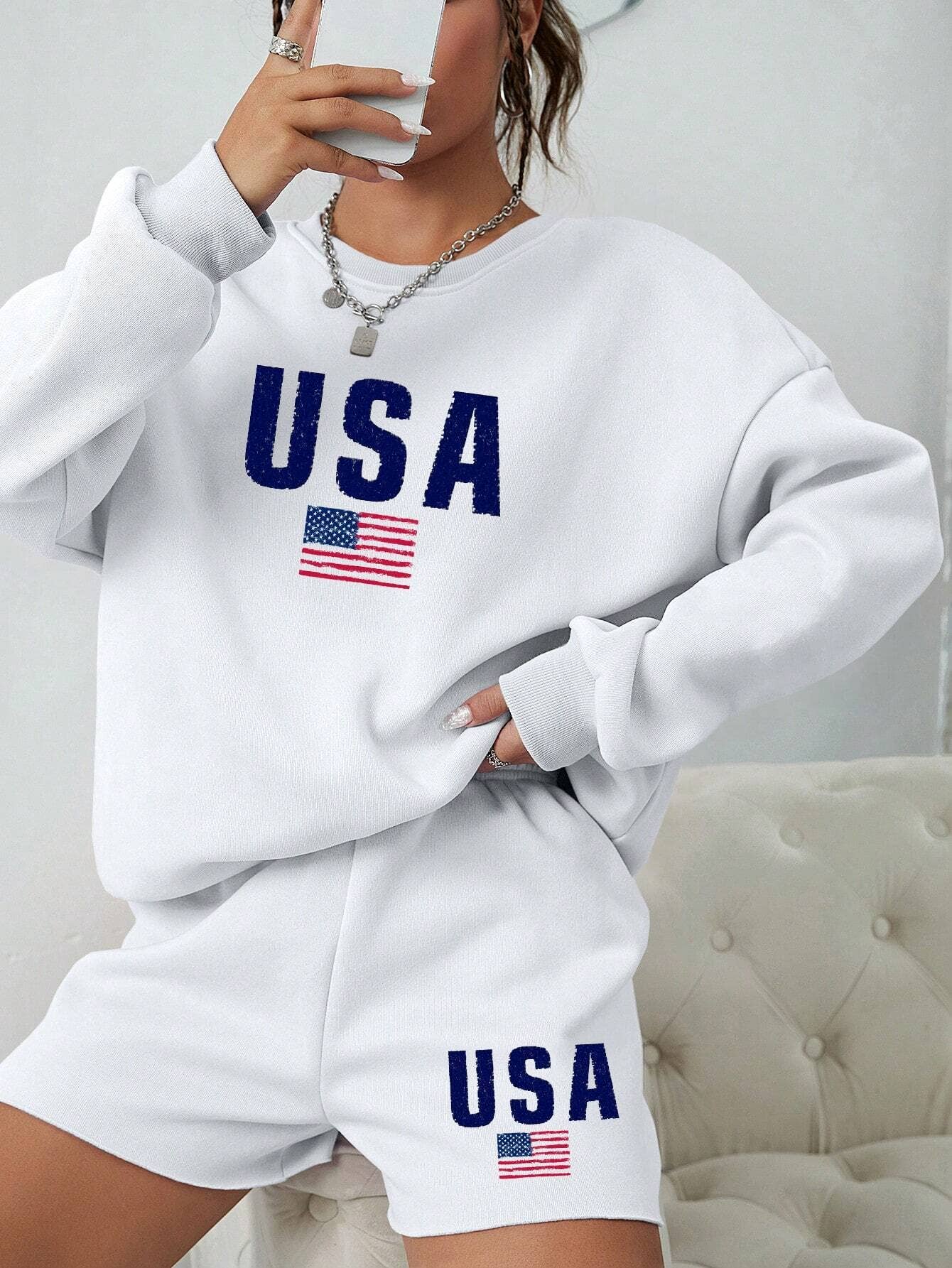 White USA Flag Crewneck Sweatshirt & Shorts Set