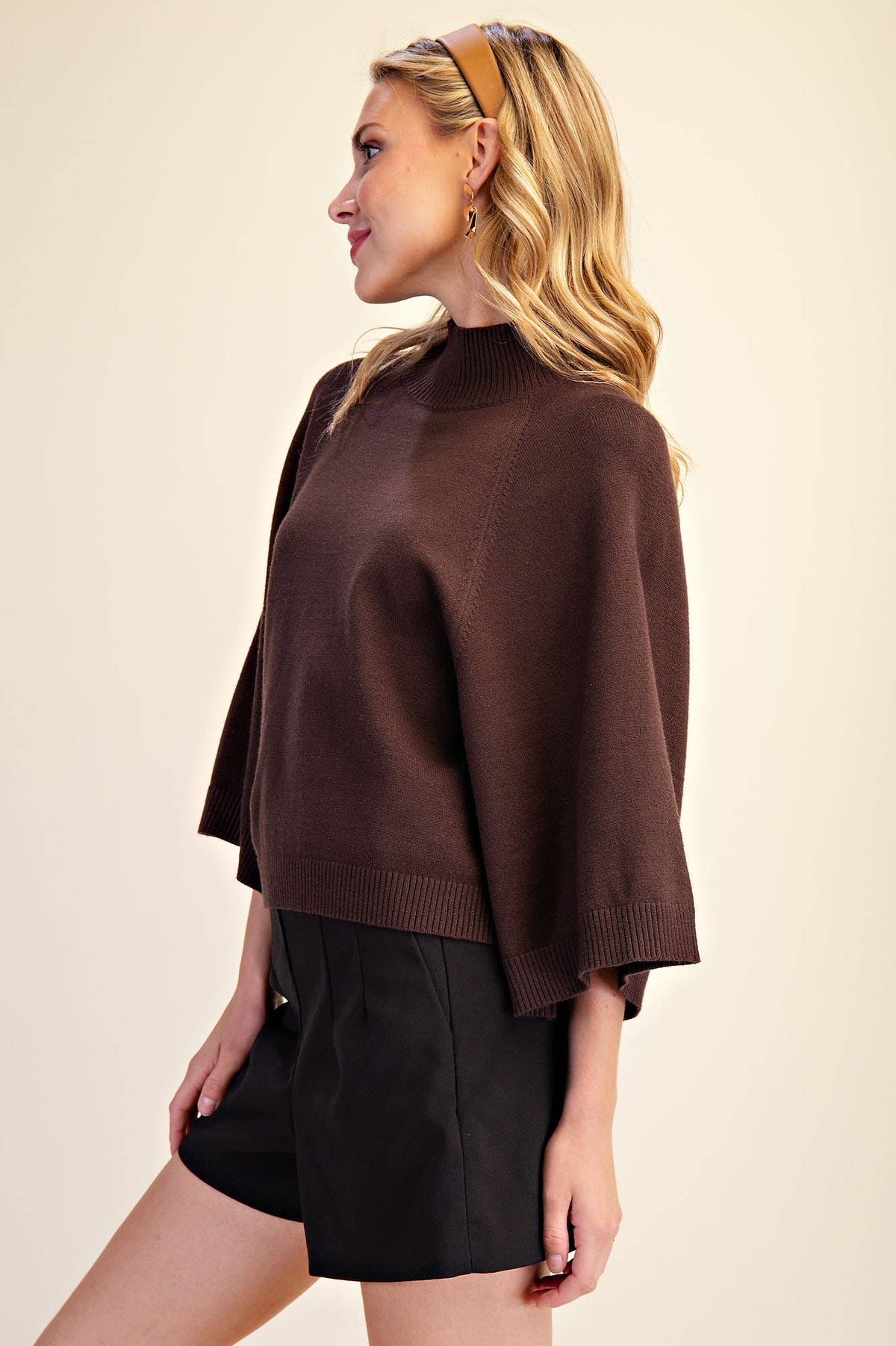 Brown Mock Neck Wide Sleeve Sweater