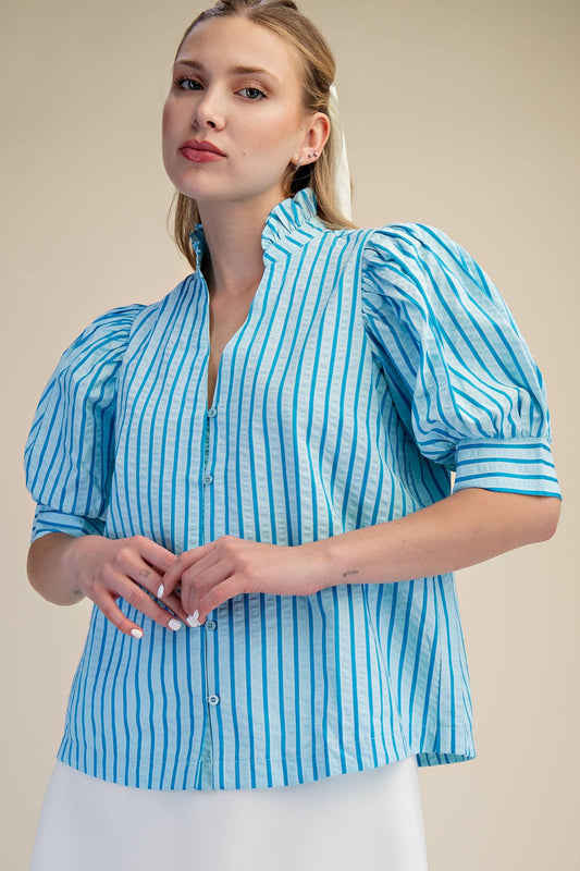 Blue Stripe Ruffle V-neck Puff Sleeve Button Down Top