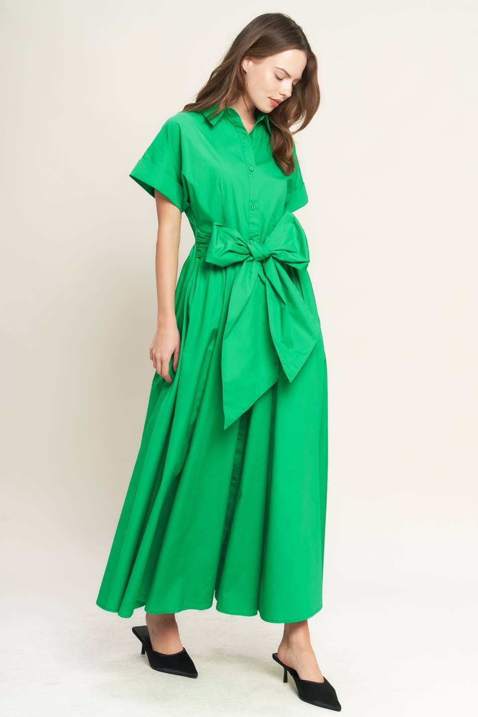 Green Tie Bow Waist Midi Dress