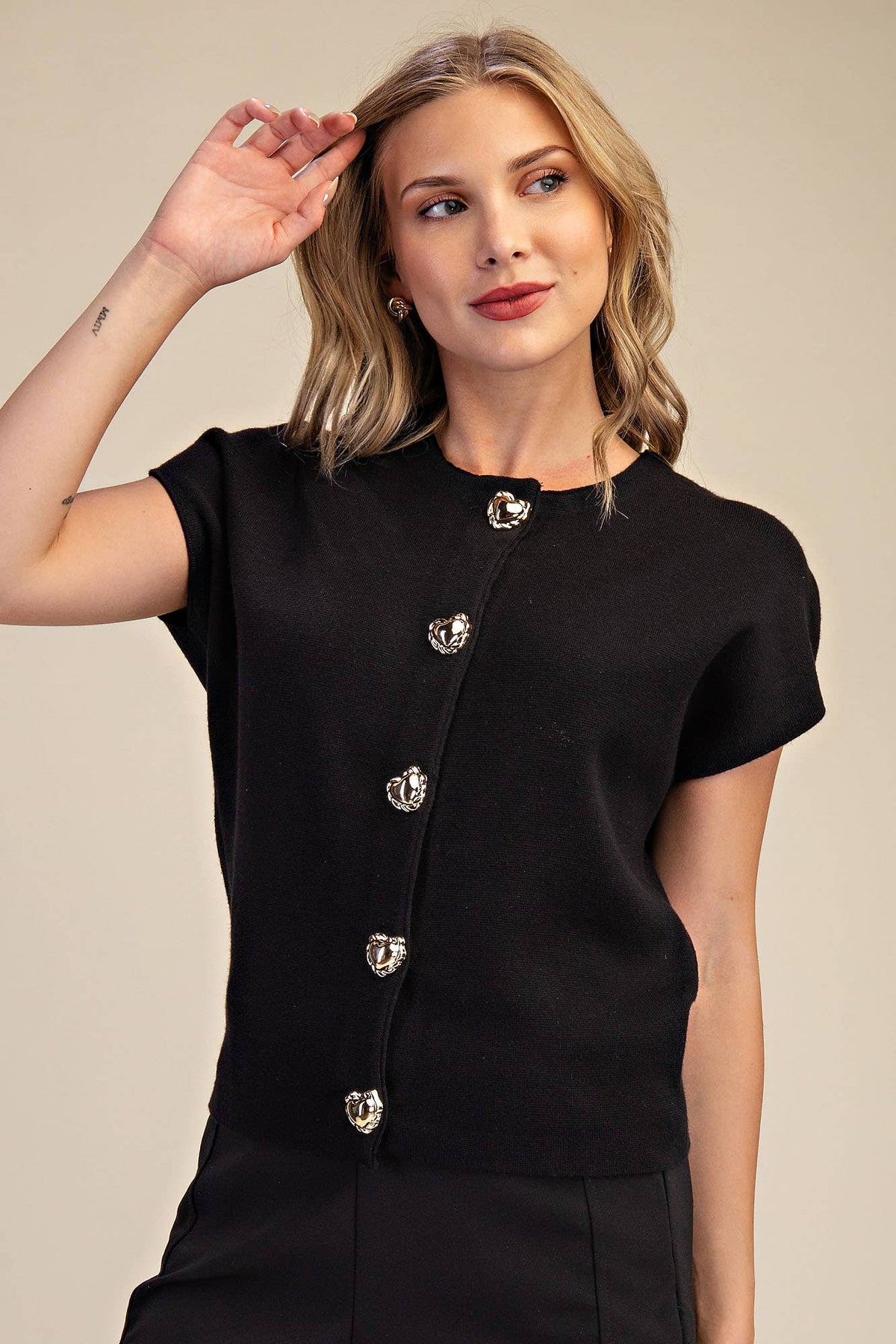 Black Dropped Shoulder Heart Button Detail Sweater