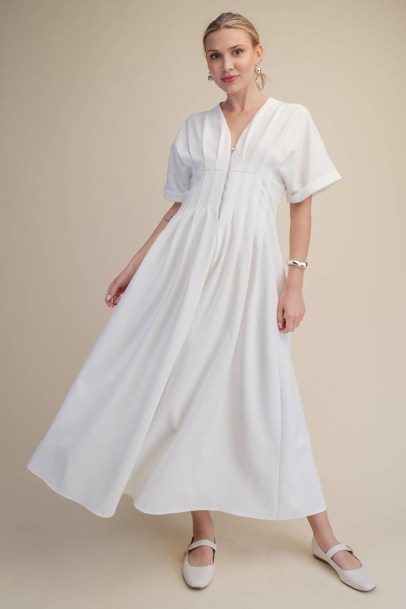 Front Zip Pleated Flare Stretch Shirt Dress