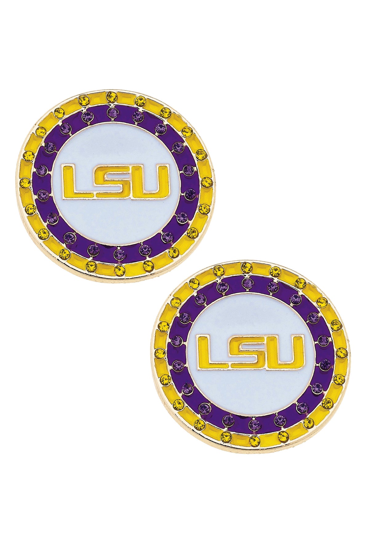 LSU Tigers Pave Disc Stud Earrings in Purple/Gold/White