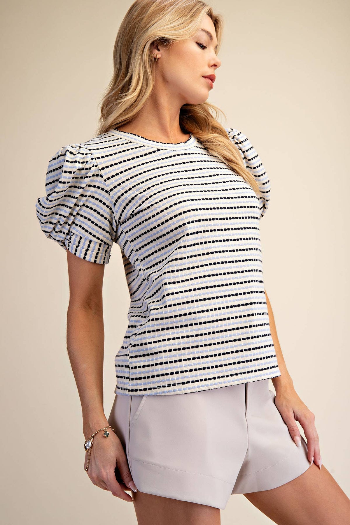 Sage Round Neck Puff Sleeve Stripe Top