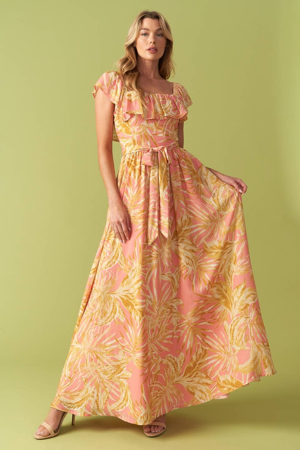 Pink Floral Flutter Top Maxi Dress
