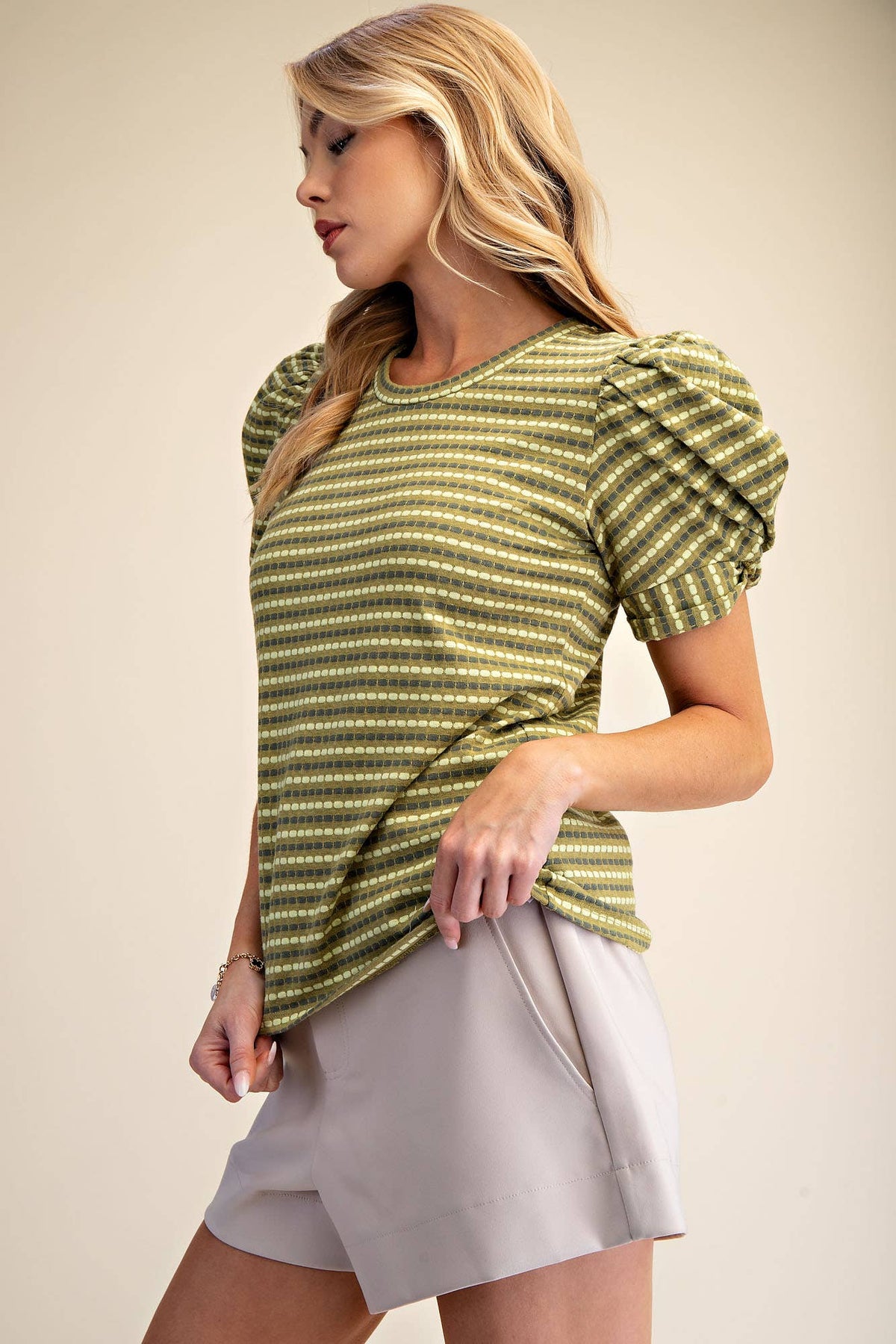 Sage Round Neck Puff Sleeve Stripe Top