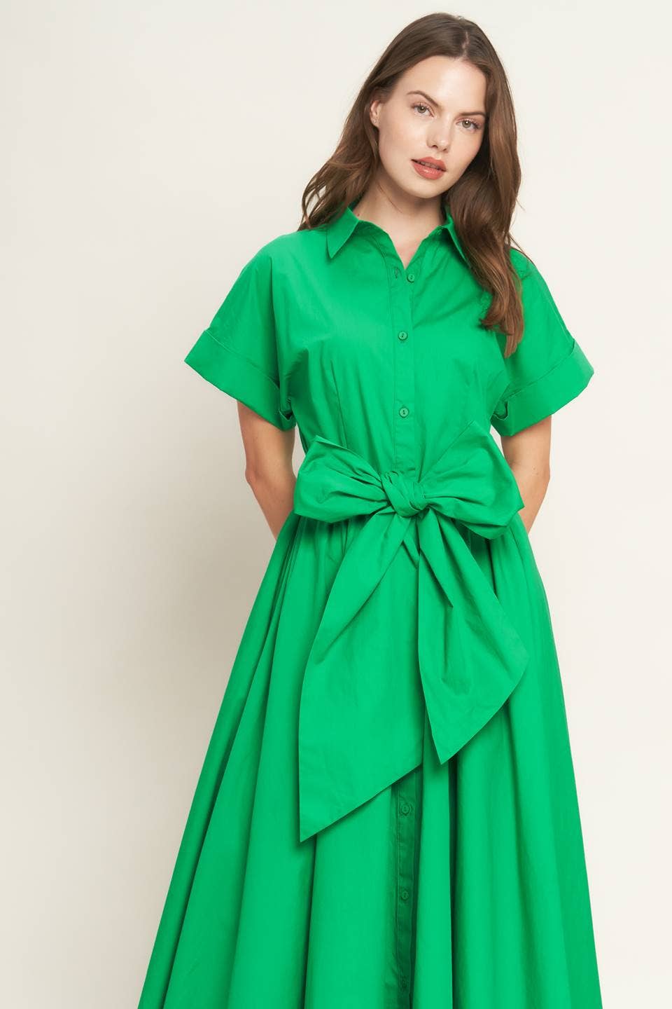 Green Tie Bow Waist Midi Dress