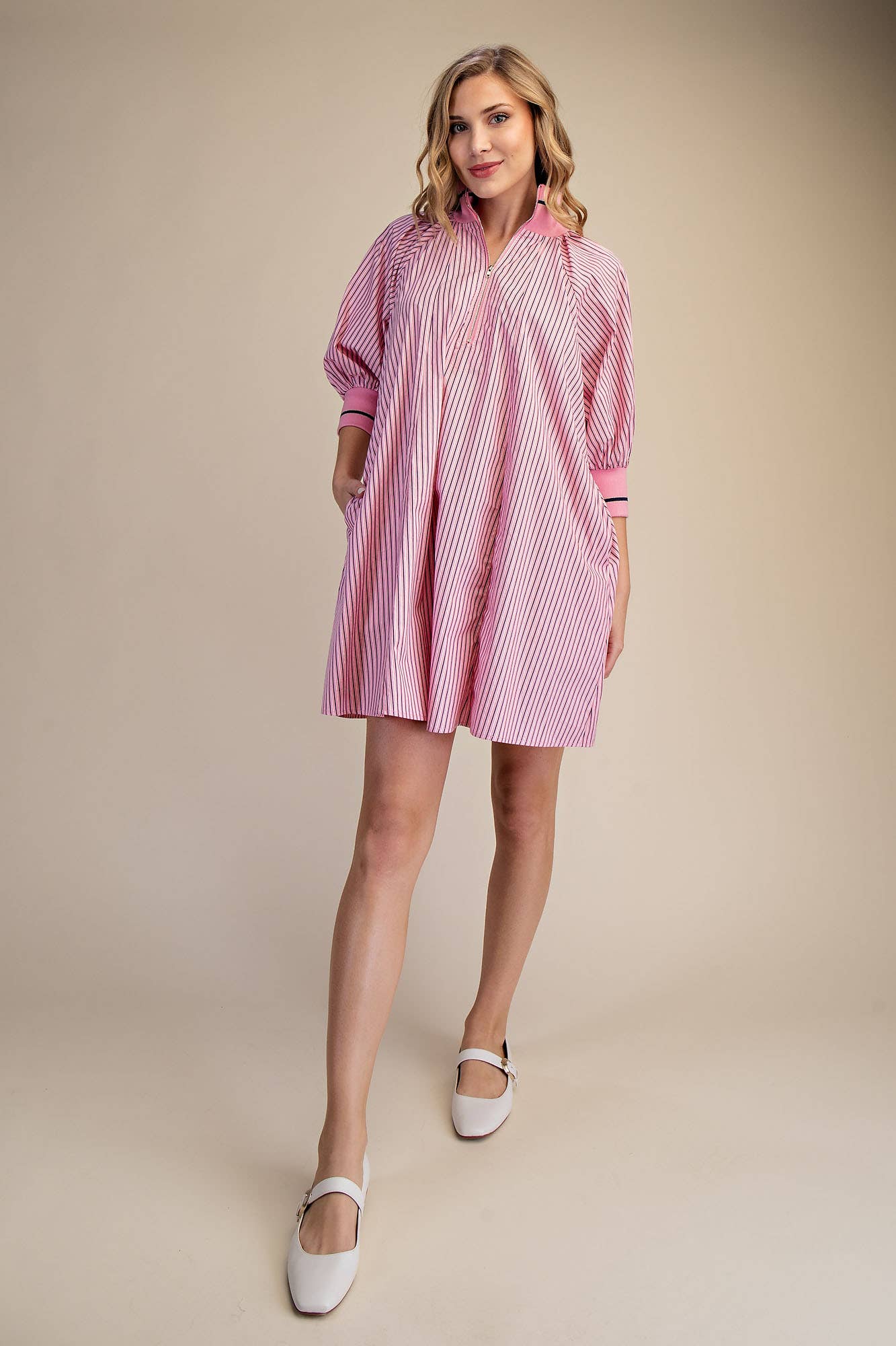 Mock Neck Band Puff Sleeve Casual Mini Dress