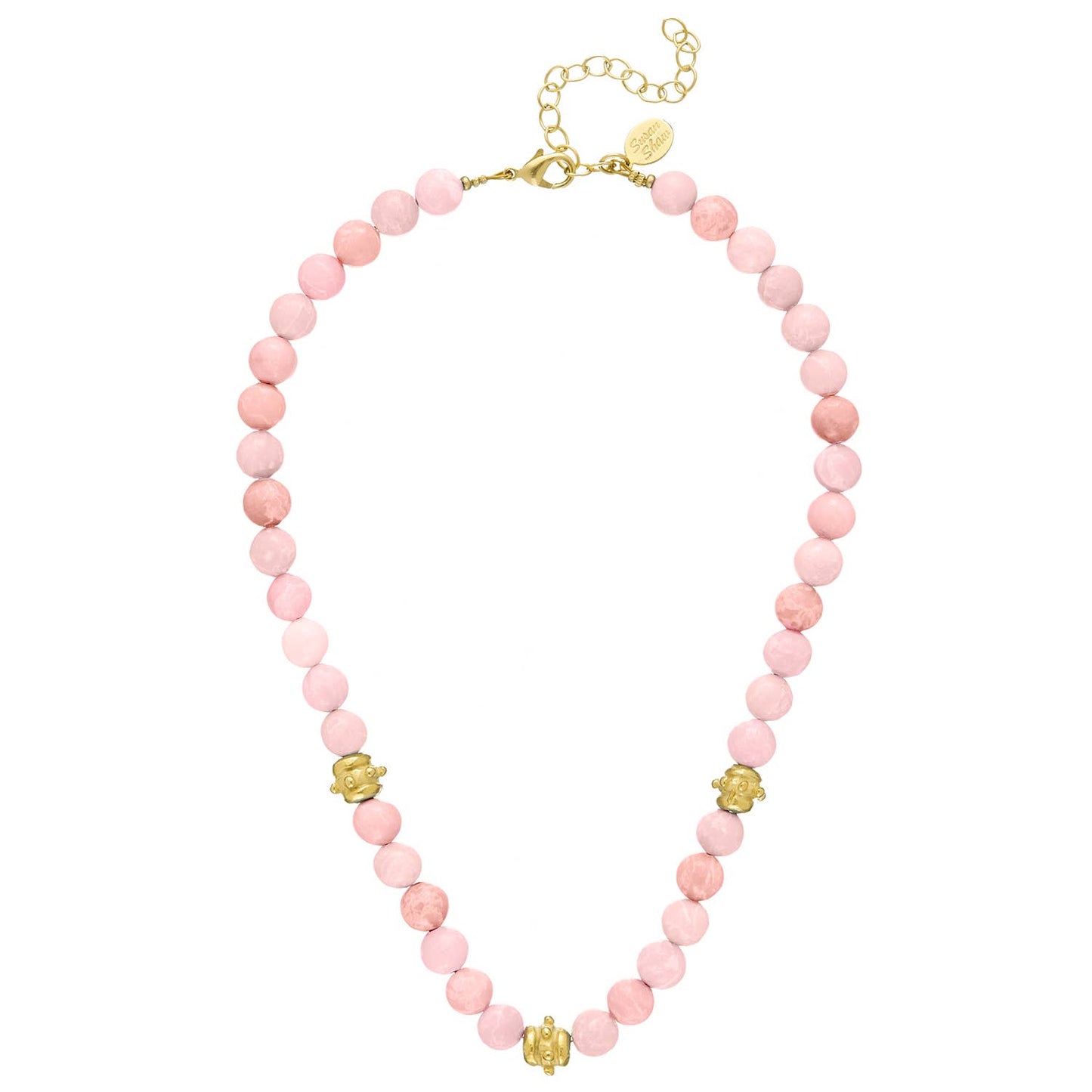 Susan Shaw Pink Jade with Handcast Gold Bentley Beads Necklace