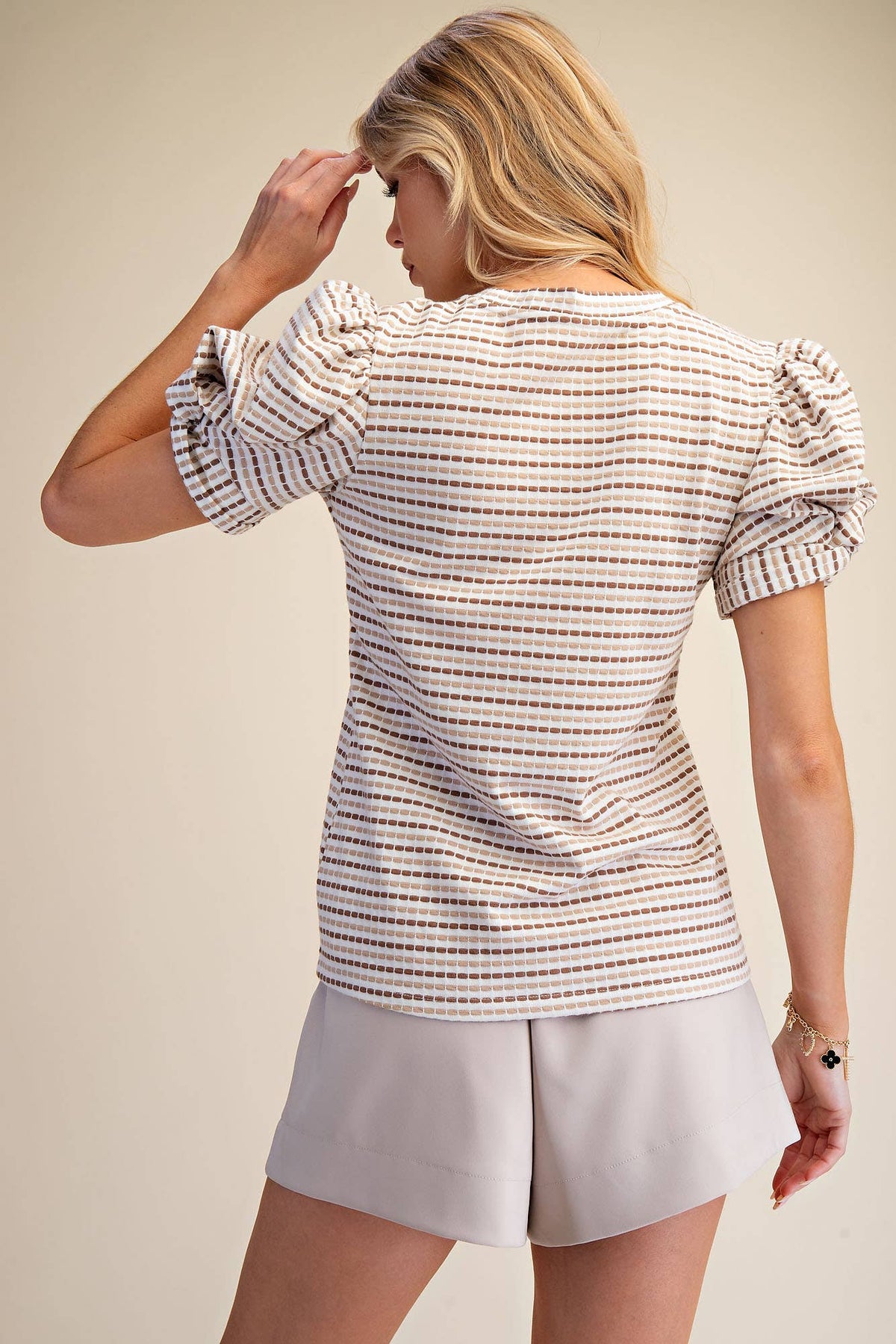 Sage Round Neck Puff Sleeve Stripe Top