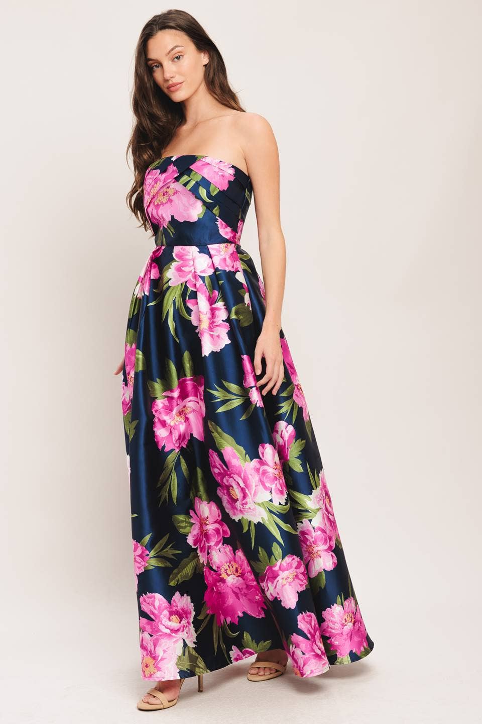 Navy Strapless Floral Full Length Event Dress