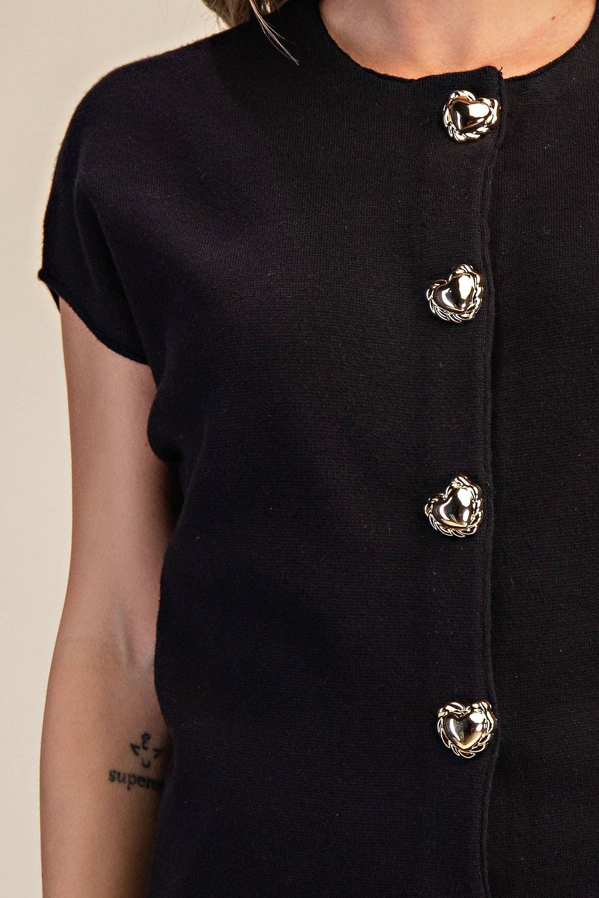Black Dropped Shoulder Heart Button Detail Sweater